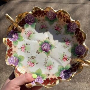 Vintage Scalloped Hand-Painted Floral Porcelain Dish with Gold Trim